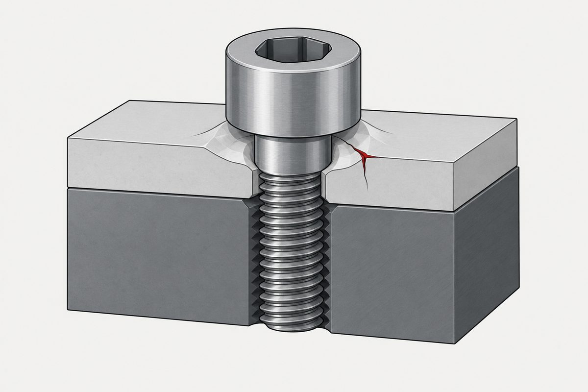Corte de un tornillo de cabeza cilíndrica con hexágono interior que sujeta una placa clara sobre una base de acero, con una grieta roja bajo la cabeza.
