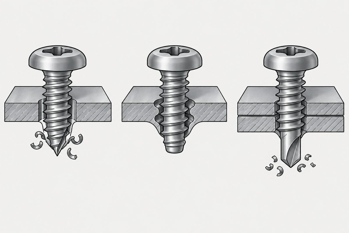 Drei Stahlschnitte zeigen eine spitze Blechschraube, eine gewindeformende Schraube und eine Schraube mit Bohrspitze.
