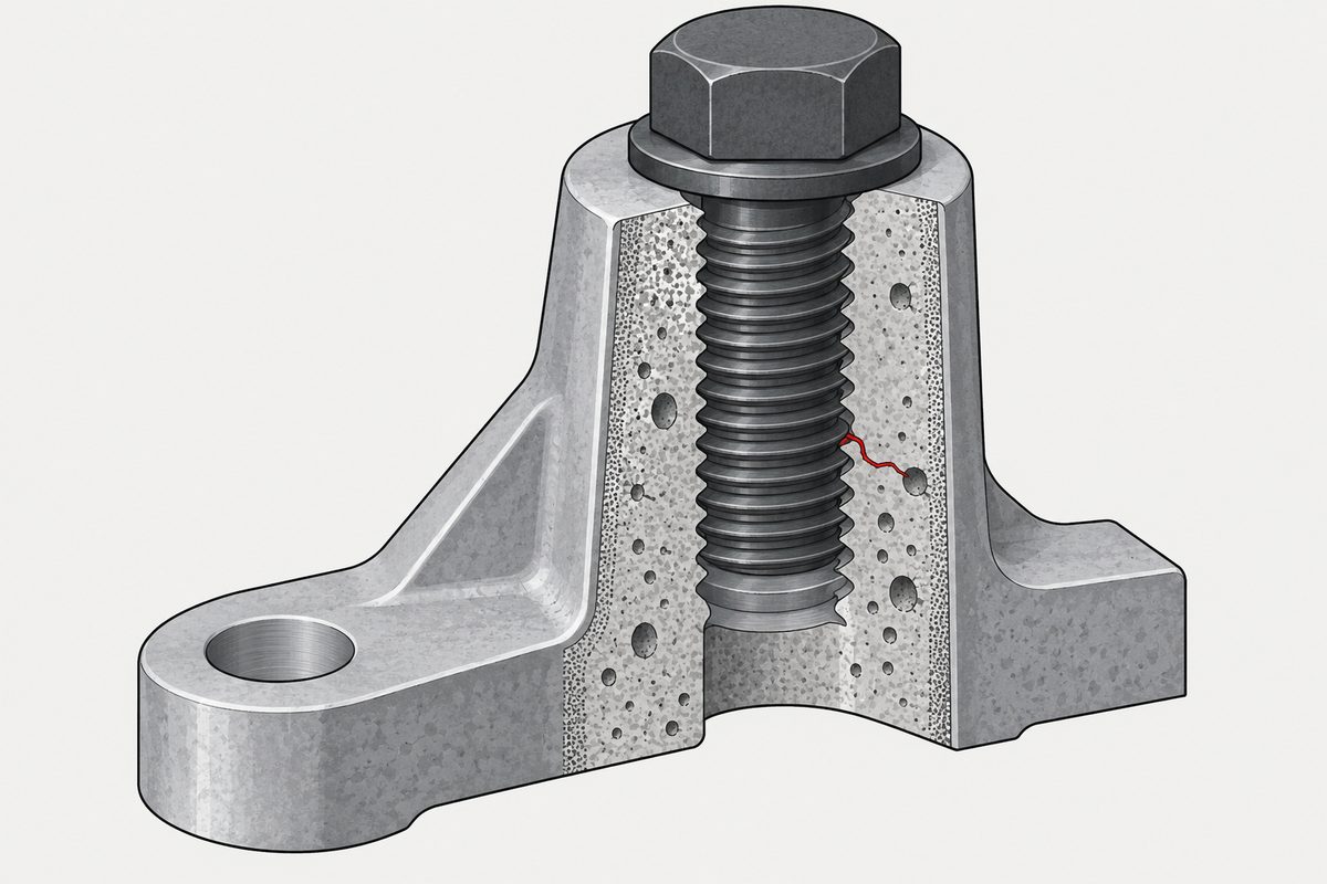 Corte de un resalte de aluminio inyectado alrededor de un tornillo de acero, con estructura variable, poros y una grieta roja en el fondo de un filete.