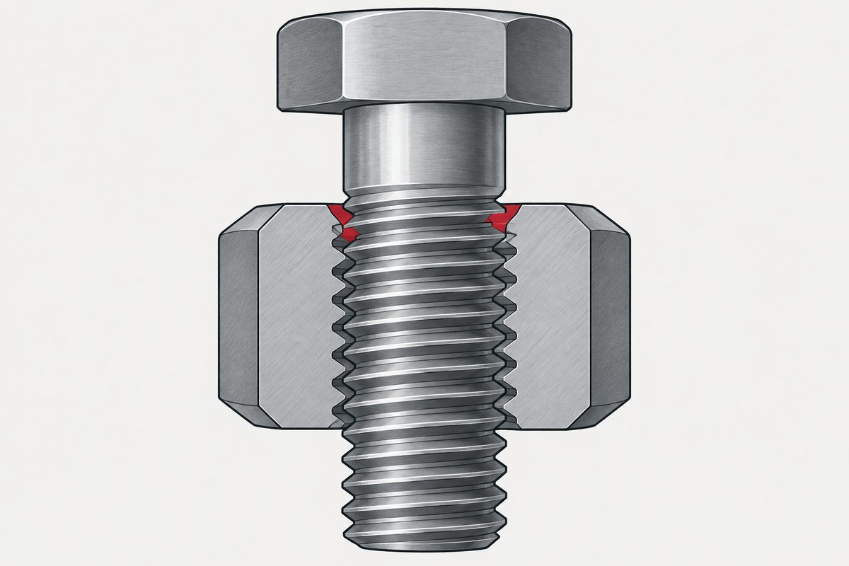 Tornillo y tuerca de acero en corte, con el primer filete interior engranado resaltado en rojo.