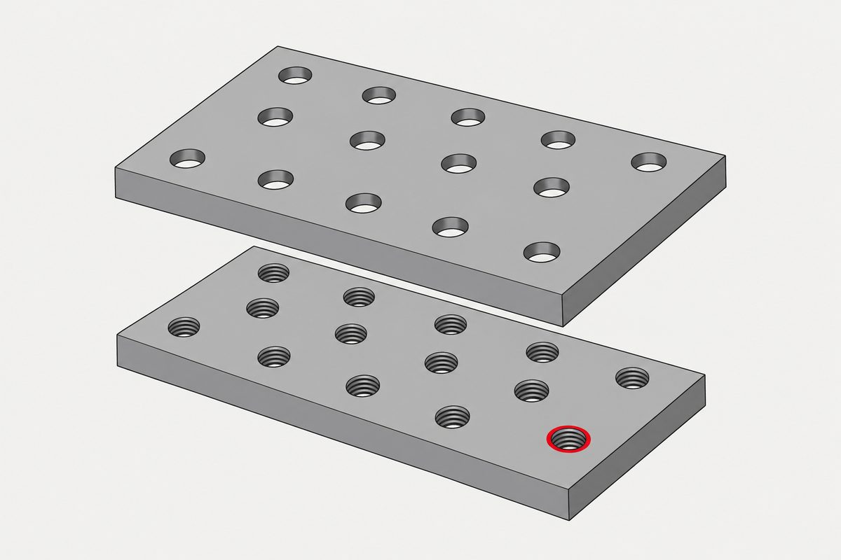 Zwei getrennte Stahlplatten mit übereinstimmenden Lochbildern; eine versetzte Gewindebohrung ist rot eingekreist.