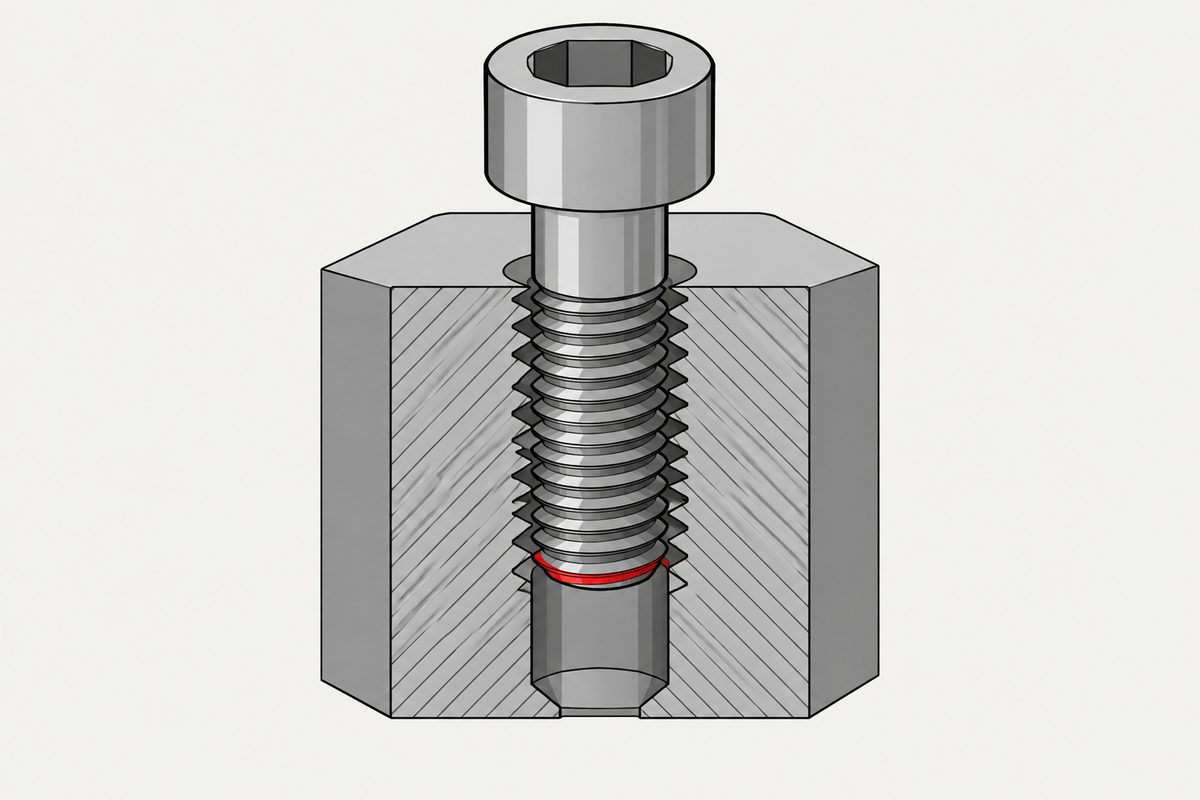 Bloc d’acier en coupe avec une vis à tête cylindrique à six pans creux ; son filet en prise le plus bas est surligné en rouge.