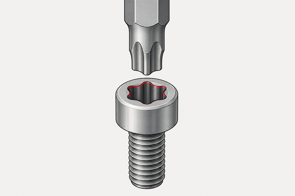 Una punta de atornillar de acero con seis lóbulos alineada sobre un tornillo de cabeza cilíndrica cuyo borde de huella está marcado en rojo.