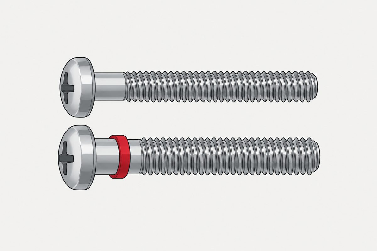 Zwei parallel liegende Maschinenschrauben aus Stahl; um die etwas dickere untere Schraube liegt ein roter Ring.