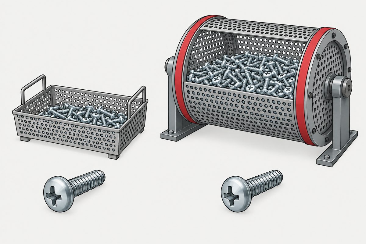 Ein kleiner Metallkorb und eine große Drehtrommel enthalten gleichartige Kreuzschlitz-Linsenkopfschrauben.