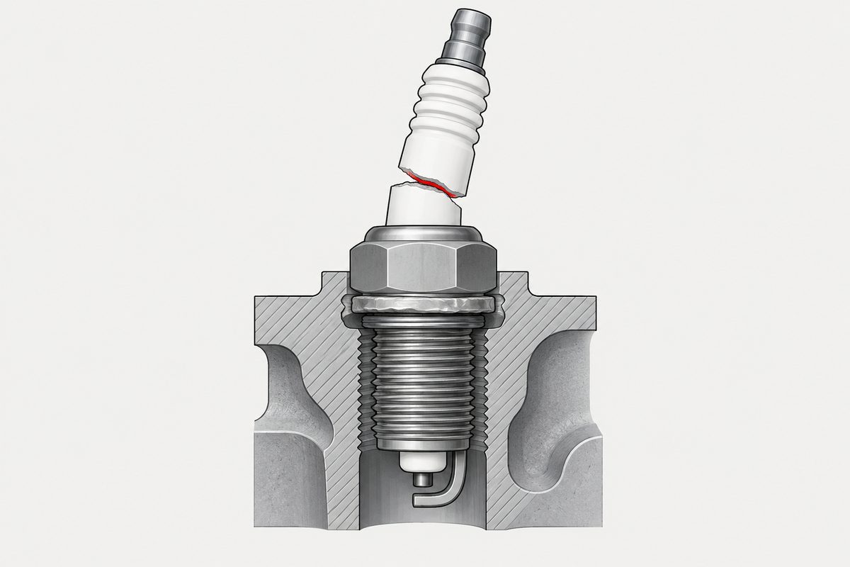 Coupe d’une bougie d’allumage avec un joint d’étanchéité écrasé et une rupture tracée en rouge à travers l’isolant céramique.