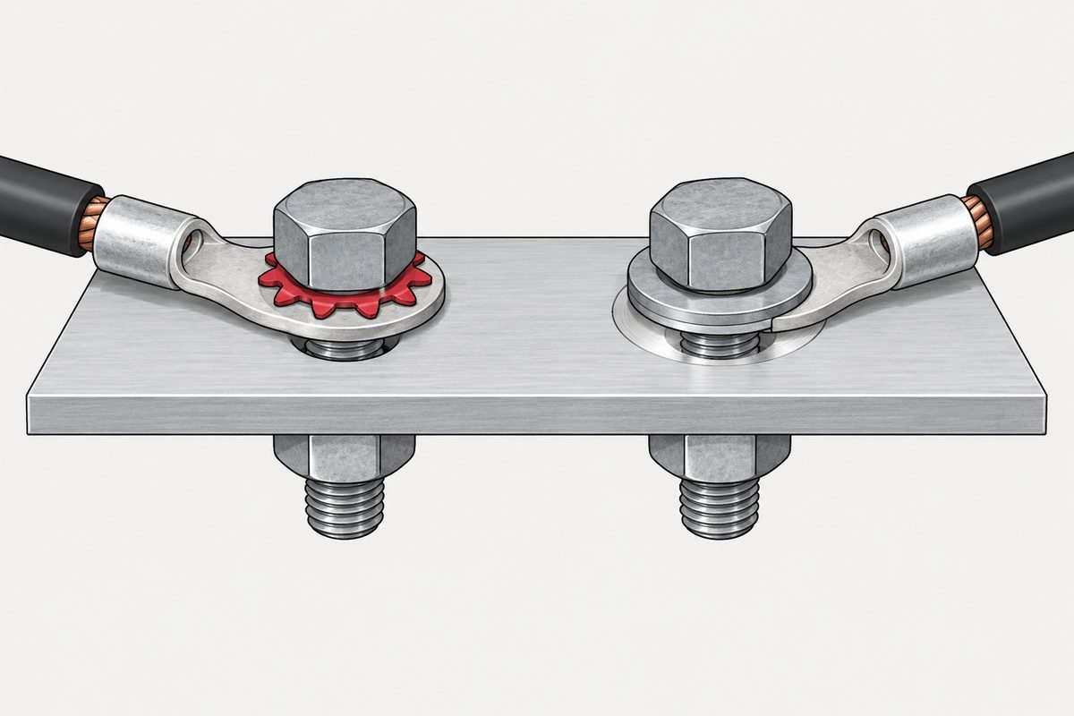 Zwei verschraubte Anschlüsse auf einer Aluminiumplatte, unter dem linken Anschluss eine rote Zahnscheibe.