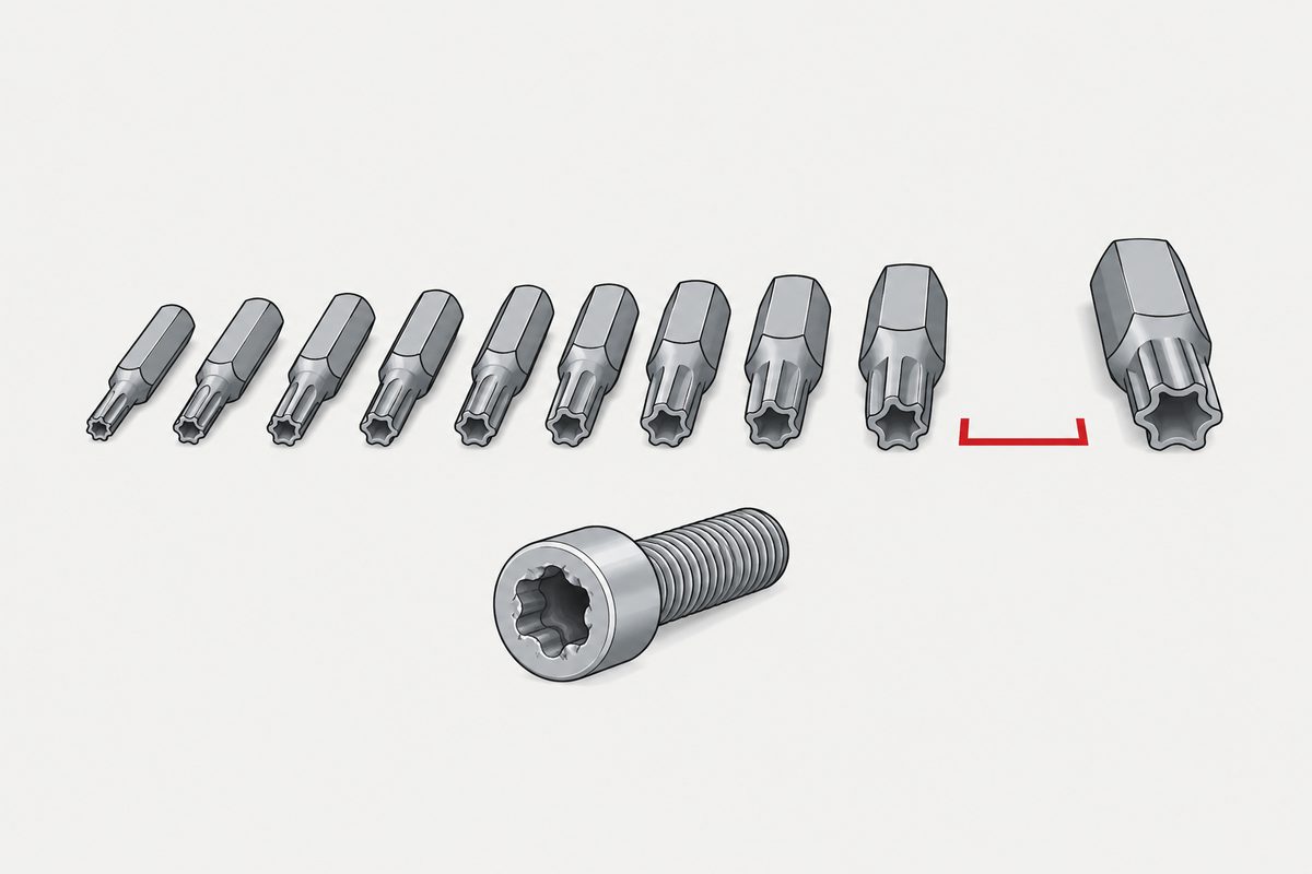 Una fila de puntas hexalobulares de tamaño creciente con un corchete rojo que marca un hueco vacío, y un tornillo hexalobular delante.