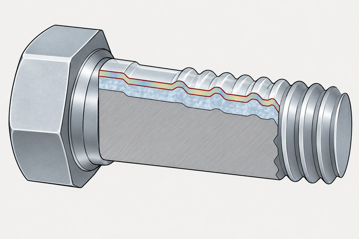 Coupe schématique de la surface d’une vis zinguée : acier gris, couche de zinc bleutée et film de passivation entouré de rouge