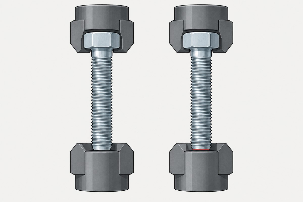 Dos tornillos de cabeza hexagonal de acero sujetos en mordazas de tracción, con una delgada separación roja bajo el tornillo de la derecha.