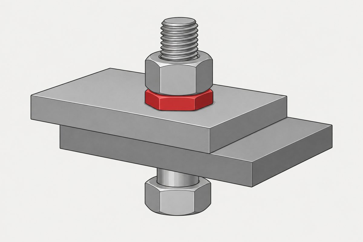 Verschraubte Stahlbleche mit einer roten flachen Mutter unter einer höheren grauen Mutter.