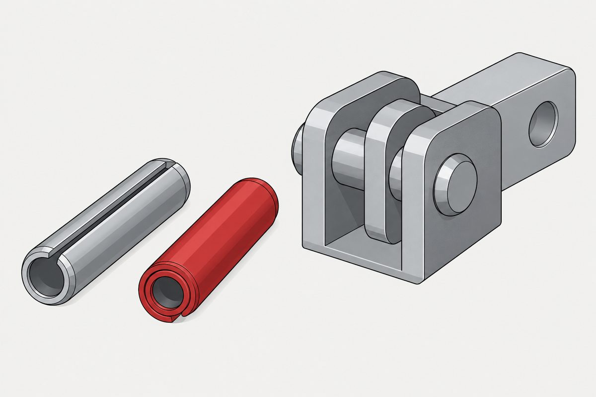 Ein geschlitzter Spannstift und ein roter Spiralspannstift liegen neben einer Stahl-Gabelverbindung unter Doppelscherung.