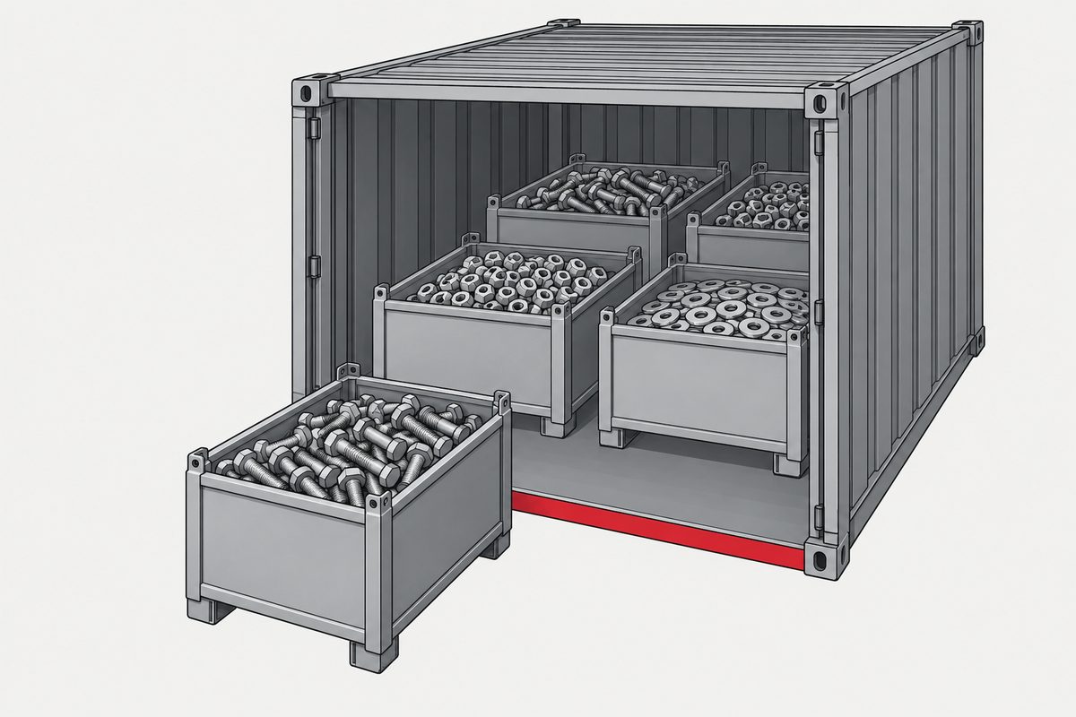 Varias cajas de pernos, tuercas y arandelas dentro de un contenedor; otra caja está cruzando un umbral rojo.