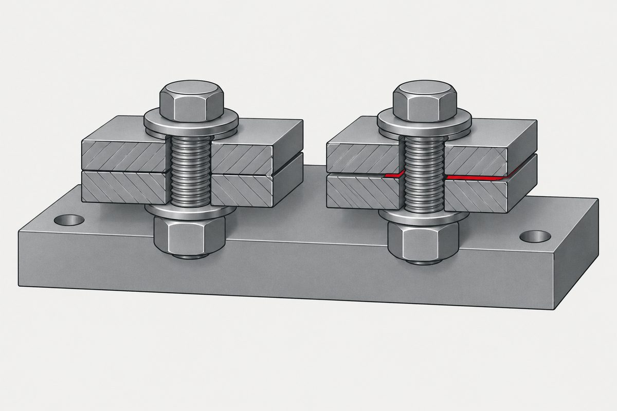 Zwei geschnittene Schraubenverbindungen aus Stahl, eine vollständig anliegend, die andere mit einem schmalen roten Spalt zwischen den Platten.