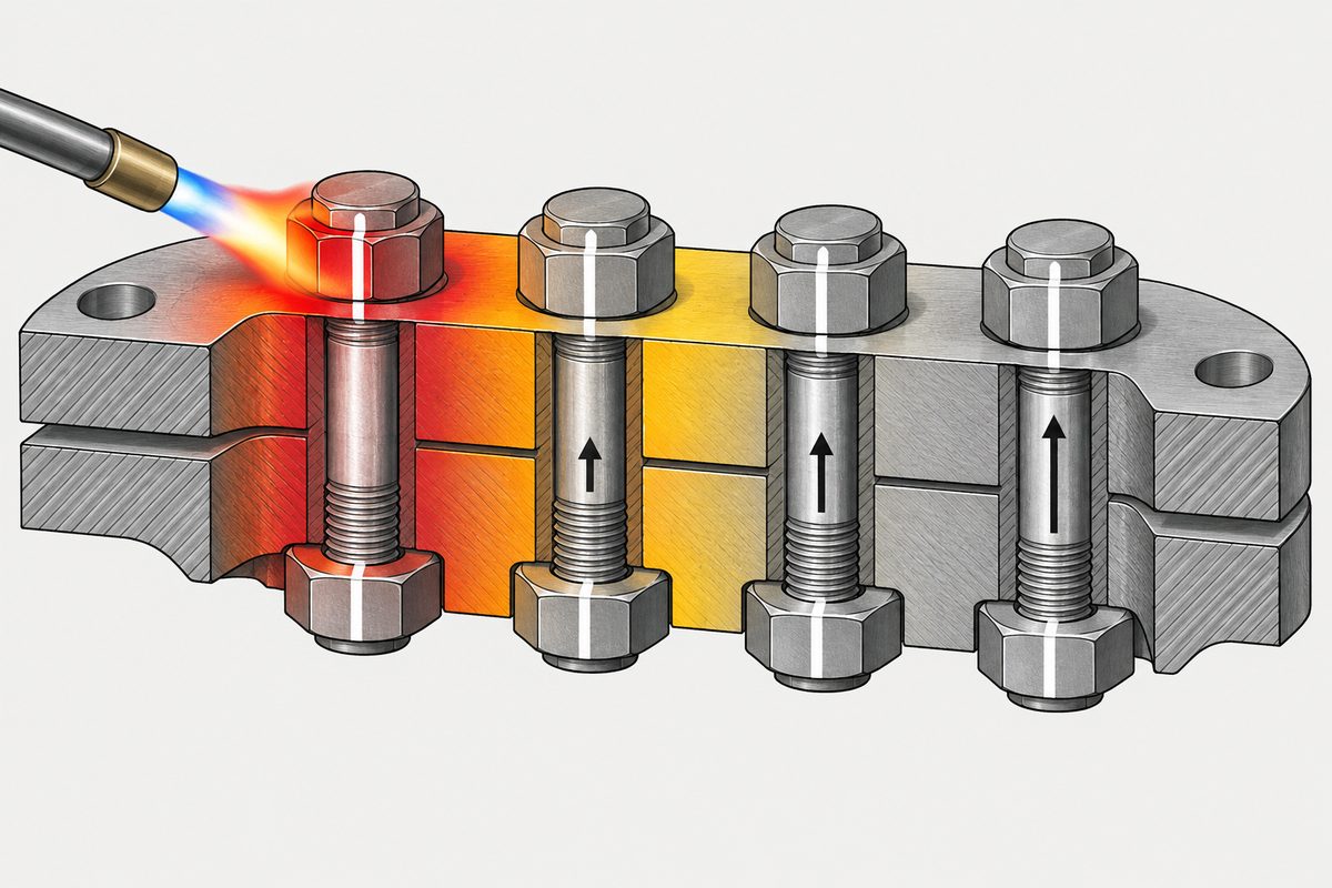 2 枚の鋼板を 4 本のボルトで締結した断面図。バーナーの炎が左端のボルトの六角部に当たり、鋼板は左から赤、橙、黄、灰色へと色が変わる。右の 3 本の軸には上向きの矢印があり、右ほど長い。各六角部に白線がある。
