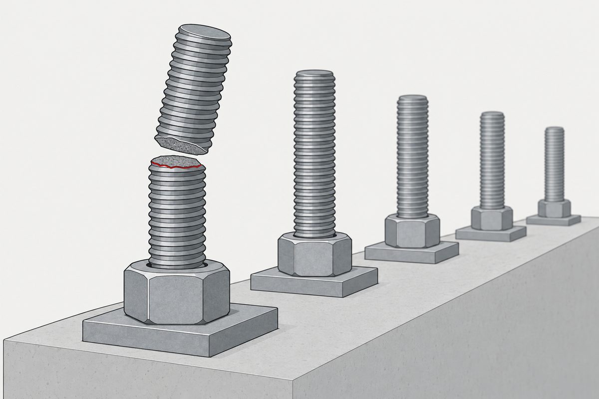 灰色螺紋錨栓斷成兩截，斷口有細紅線；六角螺帽與方形鋼板固定在混凝土上，後方排列完整錨栓。