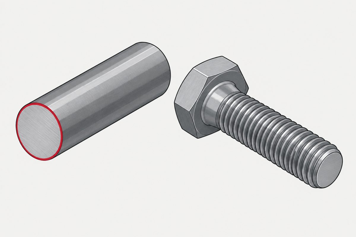 Un boulon à tête hexagonale en acier à côté d’une barre d’acier cylindrique dont la face de coupe est entourée d’un anneau rouge.