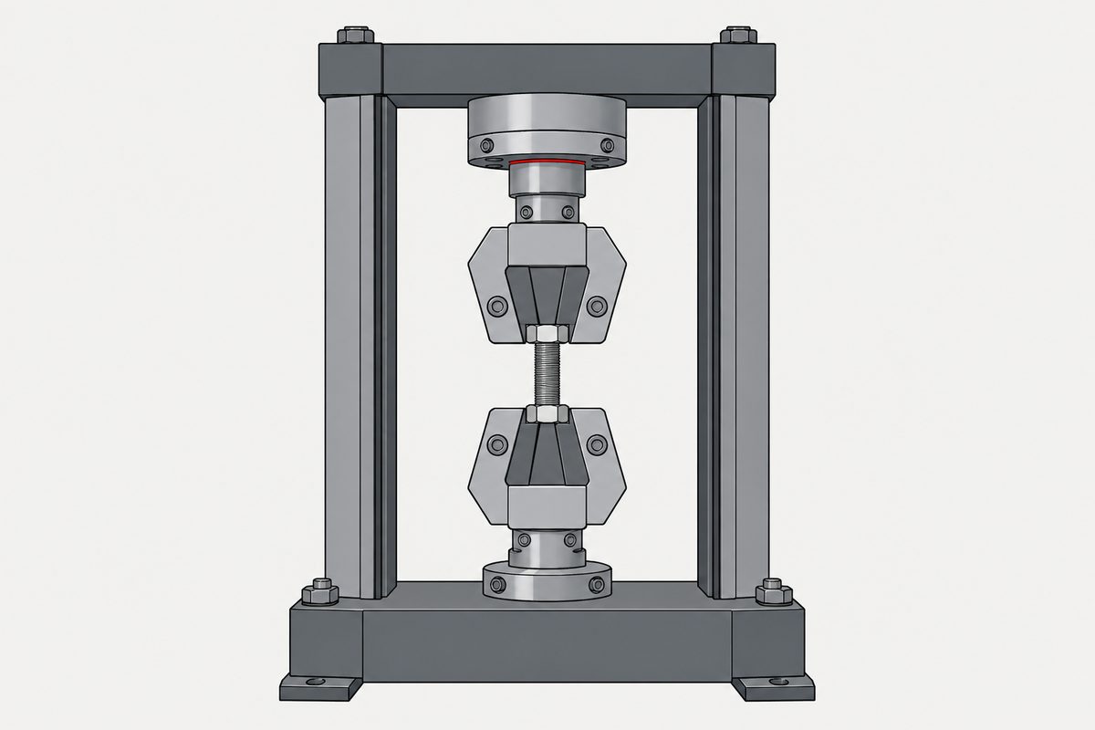 Una máquina de tracción de acero sujeta un solo tornillo; bajo la celda de carga superior se marca un fino espacio rojo.