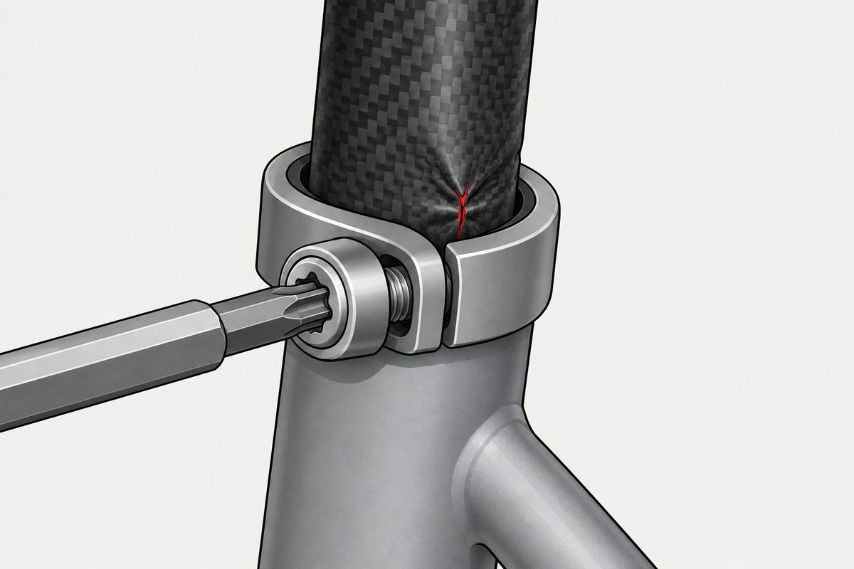 Ein Torx-Schraubendreher greift in die Schraube einer Sattelklemme neben einer gequetschten Carbon-Sattelstütze mit rotem Riss.