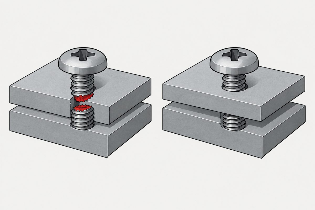 Zwei Verbindungen aus Stahlplatten: Eine Schraube ist rot gebrochen, die andere ist intakt, aber über einem Spalt herausgedreht.