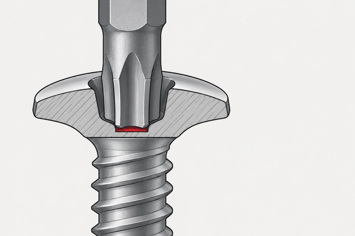 Cabeza de tornillo de acero en corte, con una punta hexalobular asentada a fondo sobre un delgado alma de metal marcada en rojo.