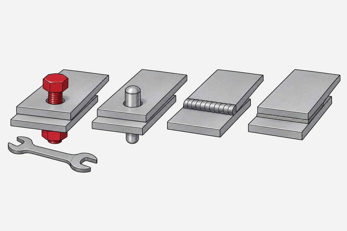 Quatre assemblages de tôles d’acier : une vis rouge avec une clé, un rivet, un cordon de soudure et une couche de colle.
