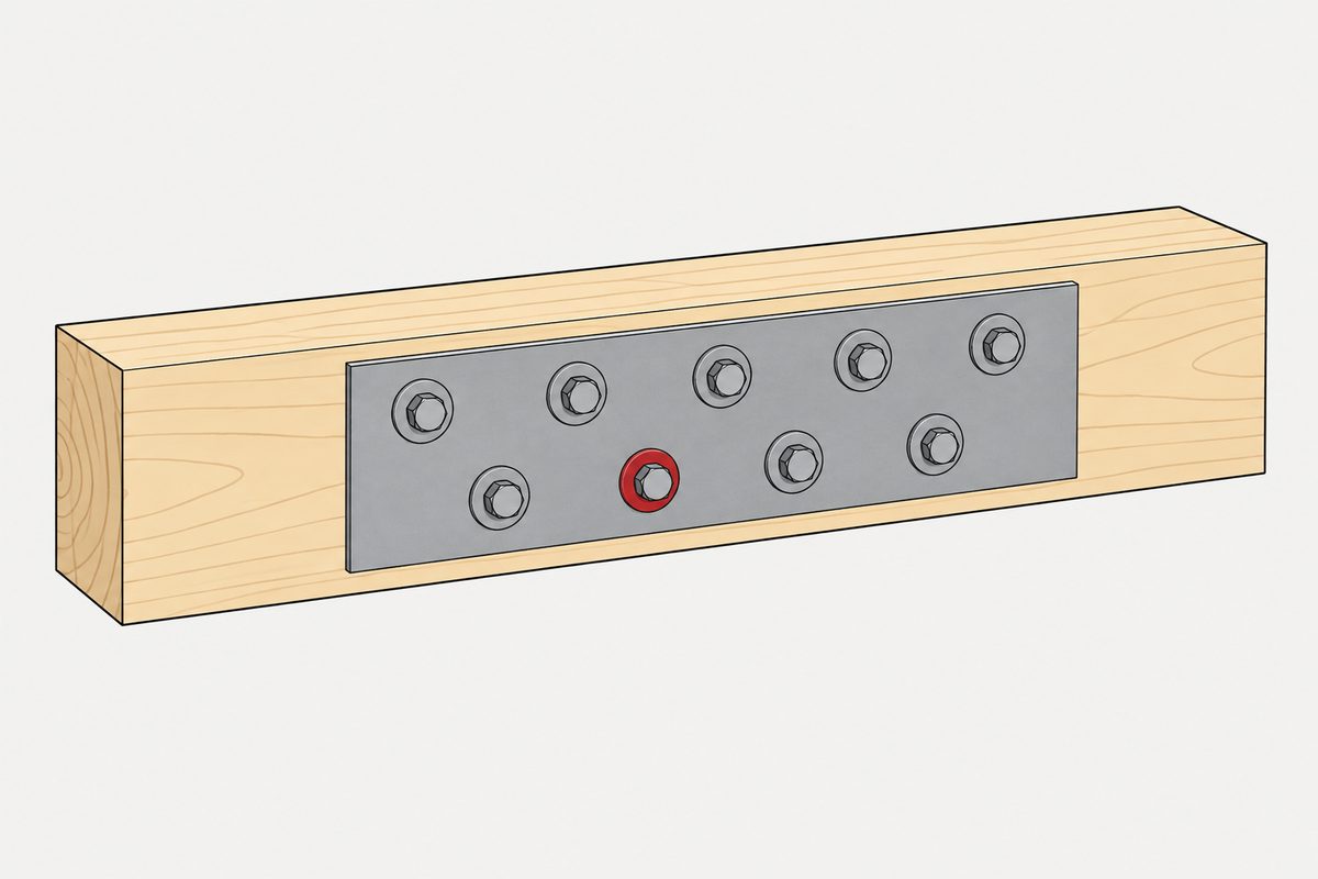 Eine graue Stahlplatte auf einem Holzbalken mit zwei versetzten Schraubenreihen; eine mittlere Unterlegscheibe ist rot hervorgehoben.