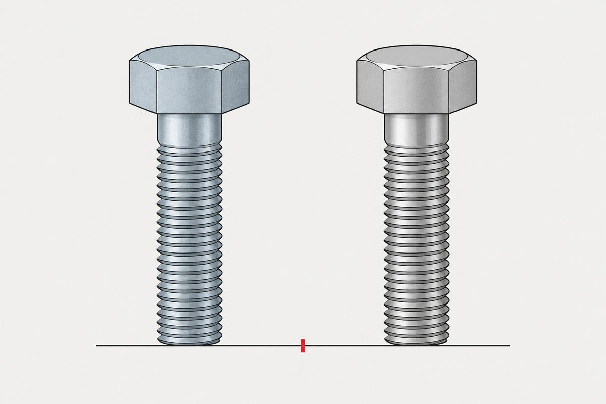 Zwei gleiche Sechskantschrauben nebeneinander, links verzinkt, rechts aus Edelstahl, mit einem kleinen roten Häkchen dazwischen.